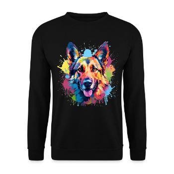 Hund Deutscher Schäferhund Bunte Spritzkunst - Unisex Pullover - Schwarz - Vorne - Alina (178cm) & Michal (187cm)
