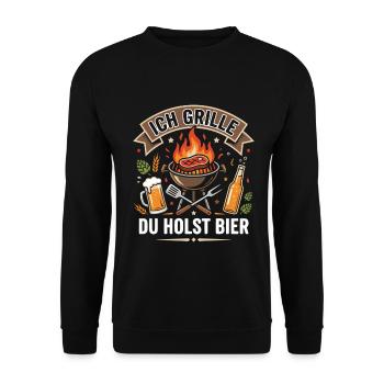Grillmeister Spruch – Ich grille, du holst Bier - Unisex Pullover - Schwarz - Vorne - Alina (178cm) & Michal (187cm)