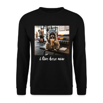 I Live Here Now Raccoon Gym Workout - Unisex Sweatshirt - black - Front - Alina (178cm) & Michal (187cm)
