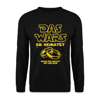 JGA Das Wars. Er heiratet - Eheringe - Unisex Pullover - Schwarz - Vorne - Alina (178cm) & Michal (187cm)