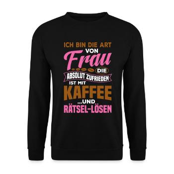 Zufrieden mir Kaffee und Rätsel lösen / Spruch - Unisex Pullover - Schwarz - Vorne - Alina (178cm) & Michal (187cm)
