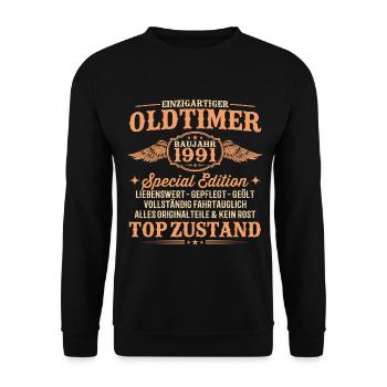35. Geburtstag Oldtimer Baujahr 1991 Geschenk - Unisex Pullover - Schwarz - Vorne - Alina (178cm) & Michal (187cm)