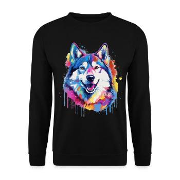 Bunte Splash Art-Husky-Hund - Unisex Pullover - Schwarz - Vorne - Alina (178cm) & Michal (187cm)