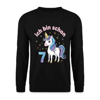 7. Geburtstag Einhorn Mädchen Ich bin schon 7 - Unisex Pullover - Schwarz - Vorne - Alina (178cm) & Michal (187cm)