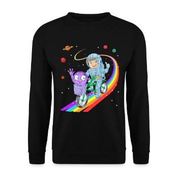 Junge fährt Fahrrad mit Alien-Hemd - Unisex Pullover - Schwarz - Vorne - Alina (178cm) & Michal (187cm)