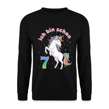 7. Geburtstag Einhorn Mädchen Ich bin schon 7 - Unisex Pullover - Schwarz - Vorne - Alina (178cm) & Michal (187cm)