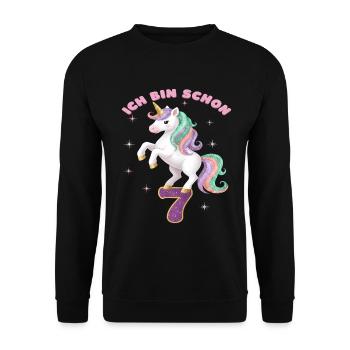 7. Geburtstag Einhorn Mädchen Ich bin schon 7 - Unisex Pullover - Schwarz - Vorne - Alina (178cm) & Michal (187cm)