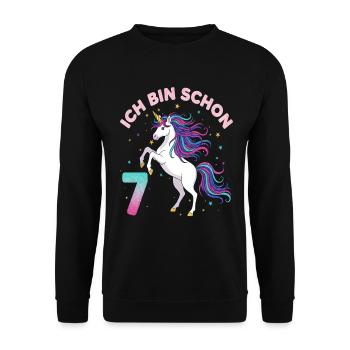 7. Geburtstag Einhorn Mädchen Ich bin schon 7 - Unisex Pullover - Schwarz - Vorne - Alina (178cm) & Michal (187cm)