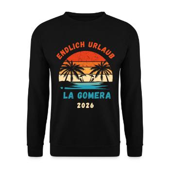 La Gomera Urlaub 2026 Kanaren Reise Outfit - Unisex Pullover - Schwarz - Vorne - Alina (178cm) & Michal (187cm)