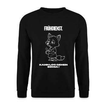 Frühdienst Fuchs T-Shirt – Kann losgehen Bin da - Unisex Pullover - Schwarz - Vorne - Alina (178cm) & Michal (187cm)