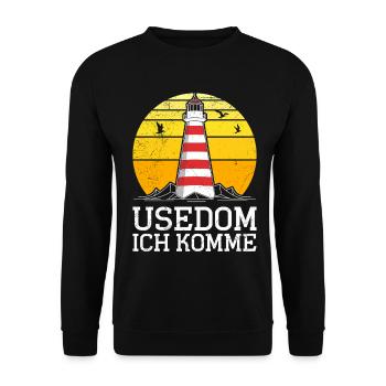 Insel USEDOM ICH KOMM Leuchtturm Retro Lustig - Unisex Pullover - Schwarz - Vorne - Alina (178cm) & Michal (187cm)