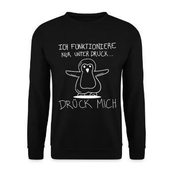 Pinguin Lustig – Unter Druck Spruch - Unisex Pullover - Schwarz - Vorne - Alina (178cm) & Michal (187cm)