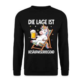 Die Lage Ist Besäufniserregend mit Einhorn - Unisex Pullover - Schwarz - Vorne - Alina (178cm) & Michal (187cm)