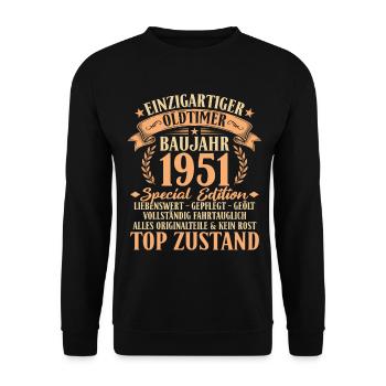 1951 Baujahr Oldtimer 75. Geburtstag Geschenkidee - Unisex Pullover - Schwarz - Vorne - Alina (178cm) & Michal (187cm)