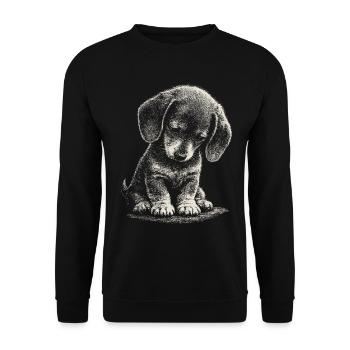 Dackel Welpe Hund Süß Niedlich Verlegen Kunst Sad - Unisex Pullover - Schwarz - Vorne - Alina (178cm) & Michal (187cm)