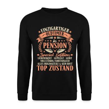Pension Oldtimer - Beamter im Ruhestand Geschenk - Unisex Pullover - Schwarz - Vorne - Alina (178cm) & Michal (187cm)