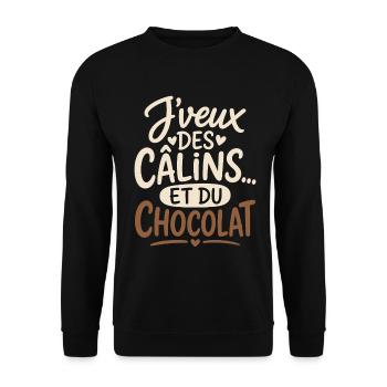 J’Veux Des Câlins Et Du Chocolat Humour Amour - Sweat-shirt Unisexe - noir - Devant - Alina (178cm) & Michal (187cm)