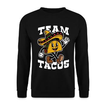 Team Tacos | Fröhlicher Taco Sombrero Cartoon - Unisex Pullover - Schwarz - Vorne - Alina (178cm) & Michal (187cm)