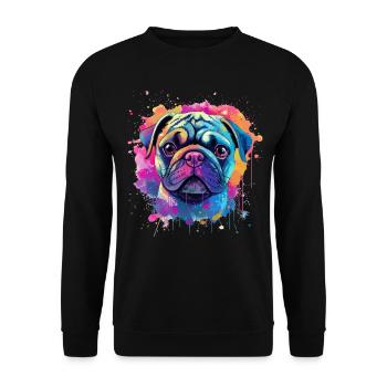 Lebendiges Mops-Splash-Porträt - Unisex Pullover - Schwarz - Vorne - Alina (178cm) & Michal (187cm)