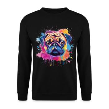 Lebendiges Mops-Splash-Porträt - Unisex Pullover - Schwarz - Vorne - Alina (178cm) & Michal (187cm)