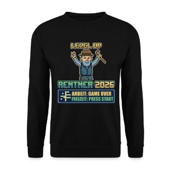 Rentner 2026 Level Up Gaming Ruhestand - Unisex Pullover - Schwarz - Vorne - Alina (178cm) & Michal (187cm)