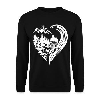 Heart Mountains Hut Nature Love Hiking - Unisex Sweatshirt - black - Front - Alina (178cm) & Michal (187cm)
