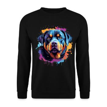 Farbenfrohes Splash-Rottweiler-Porträt - Unisex Pullover - Schwarz - Vorne - Alina (178cm) & Michal (187cm)