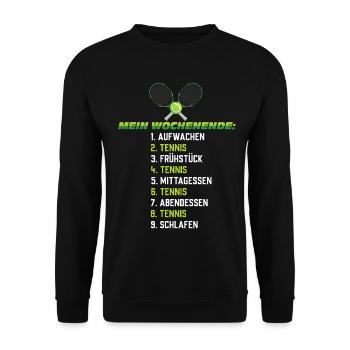 Tennis Wochenendplan – Lustiger Zeitplan - Unisex Pullover - Schwarz - Vorne - Alina (178cm) & Michal (187cm)