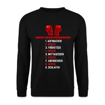 Mein Wochenende Boxen – Lustiger Boxer Spruch - Unisex Pullover - Schwarz - Vorne - Alina (178cm) & Michal (187cm)