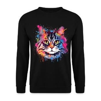 Bunte Splash-Art: Amerikanischer Bobtail-Katzenkopf - Unisex Pullover - Schwarz - Vorne - Alina (178cm) & Michal (187cm)