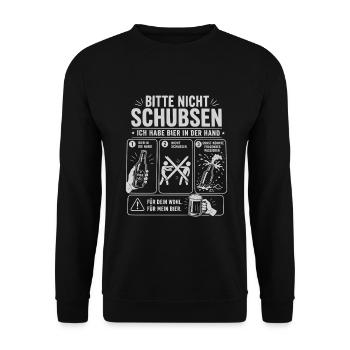 Bitte Nicht Schubsen Ich Habe Bier In Der Hand - Unisex Pullover - Schwarz - Vorne - Alina (178cm) & Michal (187cm)