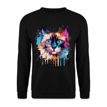Buntes Splash-Art-Balinesisches Katzengesicht - Unisex Pullover - Schwarz - Vorne - Alina (178cm) & Michal (187cm)