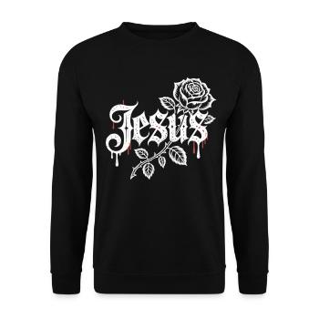 Jesus Shirt mit weißer Rose für Christen - Unisex Pullover - Schwarz - Vorne - Alina (178cm) & Michal (187cm)