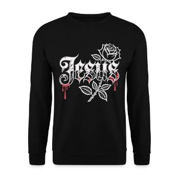 Jesus T-Shirt mit Rose – Christliches Gothic Motiv - Unisex Pullover - Schwarz - Vorne - Alina (178cm) & Michal (187cm)
