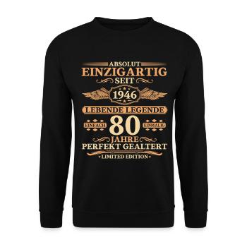 Einzigartig seit 1946 Jahrgang - 80. Geburtstag - Unisex Pullover - Schwarz - Vorne - Alina (178cm) & Michal (187cm)