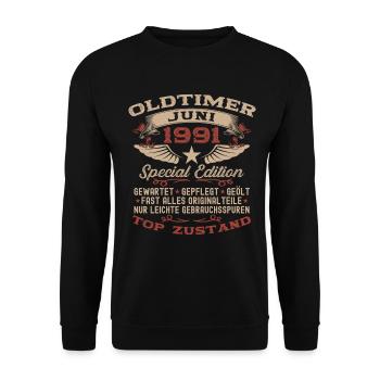 35. Geburtstag Geschenk Mann Oldtimer Juni 1991 - Unisex Pullover - Schwarz - Vorne - Alina (178cm) & Michal (187cm)