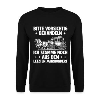 Bitte vorsichtig behandeln – Retro Spruch - Unisex Pullover - Schwarz - Vorne - Alina (178cm) & Michal (187cm)