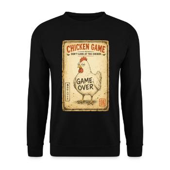 Chicken Game, Feiglingsspiel, Lustiges Huhn - Unisex Pullover - Schwarz - Vorne - Alina (178cm) & Michal (187cm)