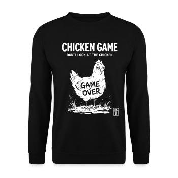 Chicken Game, Feiglingsspiel, Lustiges Huhn - Unisex Pullover - Schwarz - Vorne - Alina (178cm) & Michal (187cm)