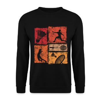 Badminton Spieler in Aktion mit Badmintonschläger - Unisex Pullover - Schwarz - Vorne - Alina (178cm) & Michal (187cm)