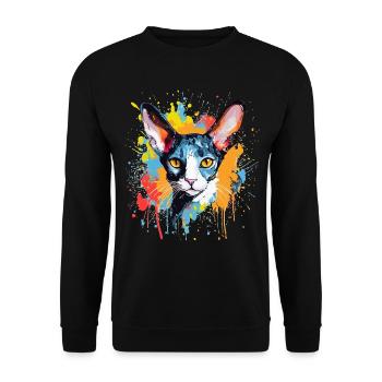 Splash Art Cornish Rex Chat Visage Coloré - Sweat-shirt Unisexe - noir - Devant - Alina (178cm) & Michal (187cm)