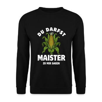Du darfst Maister sagen | Maiskolben Wortspiel - Unisex Pullover - Schwarz - Vorne - Alina (178cm) & Michal (187cm)