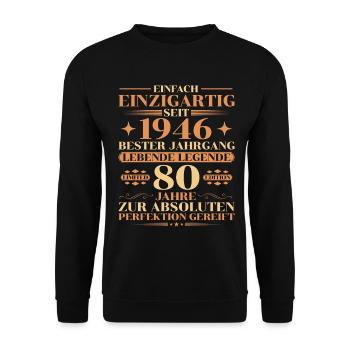 Einzigartig seit 1946 – Legende 80. Geburtstag - Unisex Pullover - Schwarz - Vorne - Alina (178cm) & Michal (187cm)
