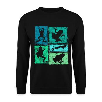 Retro Frosch Grafik - Frösche In Bewegung - Unisex Pullover - Schwarz - Vorne - Alina (178cm) & Michal (187cm)