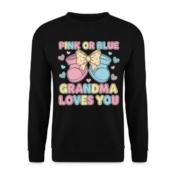 Geschlechterenthüllung: Pink oder Blau: Oma liebt dich, Baby. - Unisex Pullover - Schwarz - Vorne - Alina (178cm) & Michal (187cm)