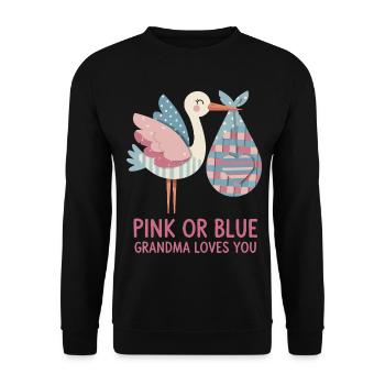 Geschlechterenthüllung: Pink oder Blau: Oma liebt dich, Baby. - Unisex Pullover - Schwarz - Vorne - Alina (178cm) & Michal (187cm)