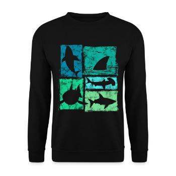 Retro Hai Silhouetten Grafik - Unisex Pullover - Schwarz - Vorne - Alina (178cm) & Michal (187cm)