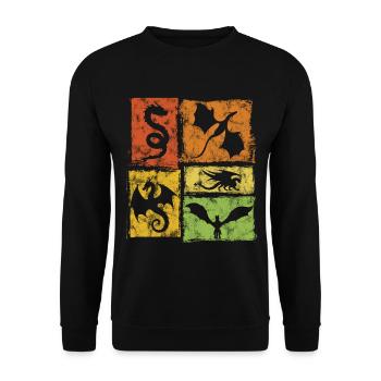 Drachen Grafik - Mystische Fabelwesen Retro Stil - Unisex Pullover - Schwarz - Vorne - Alina (178cm) & Michal (187cm)