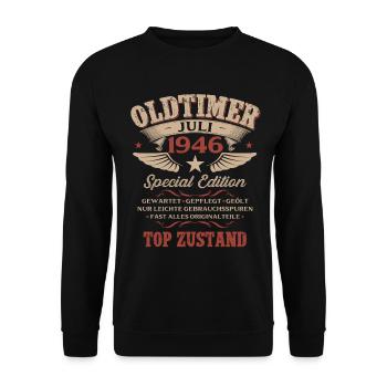 80. Geburtstag Geschenk Mann Oldtimer Juli 1946 - Unisex Pullover - Schwarz - Vorne - Alina (178cm) & Michal (187cm)