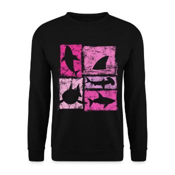 Haie Retro Silhouetten Grafik - Unisex Pullover - Schwarz - Vorne - Alina (178cm) & Michal (187cm)